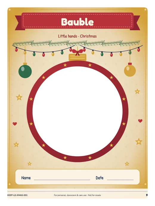 Christmas bauble keepsake page with an open white circle for a handprint.