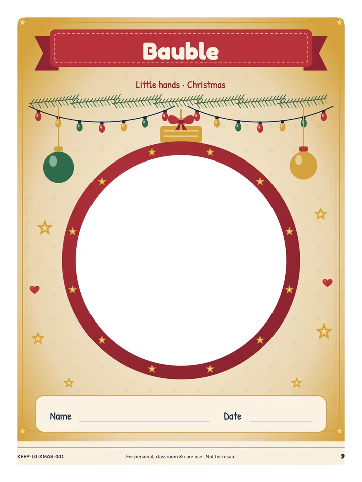Keepsake page with a red Christmas bauble whose white centre is left open for a handprint, with name and date lines below.