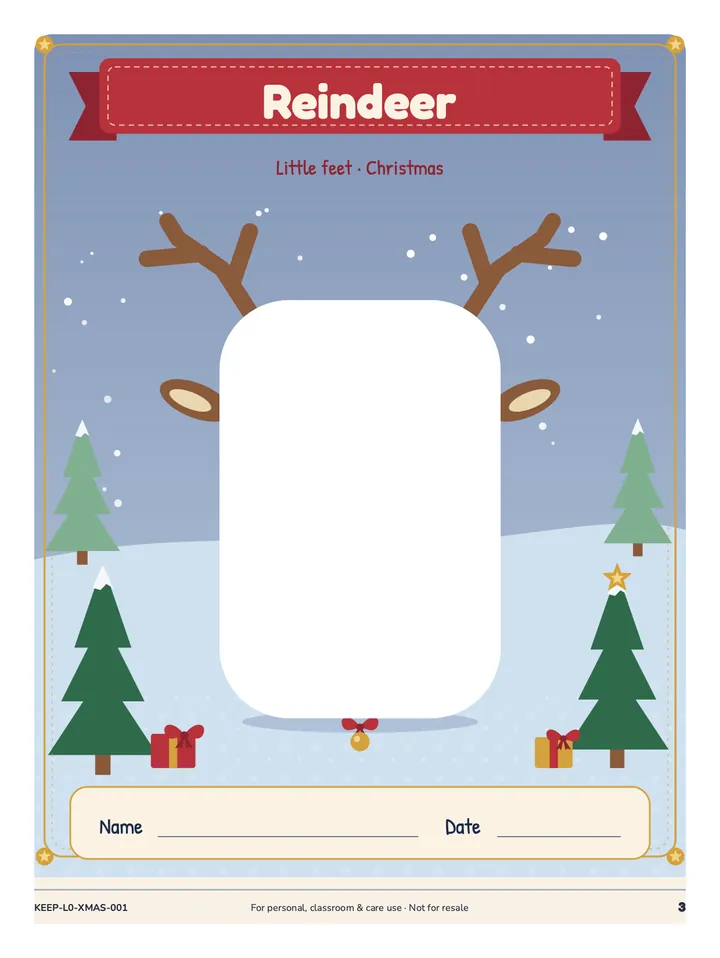 Reindeer keepsake page: antlers and ears frame an open white space for a footprint on a snowy hill.