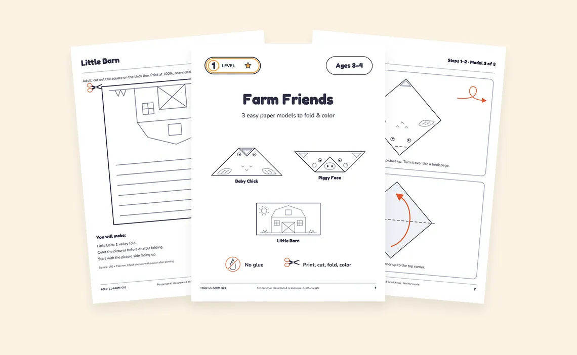 Three printed pages of the Farm Friends set laid out on a cream table.