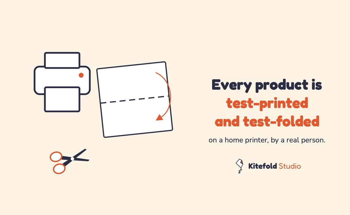 Illustration of a printer, a folded paper square with a dashed fold line and a pair of scissors.